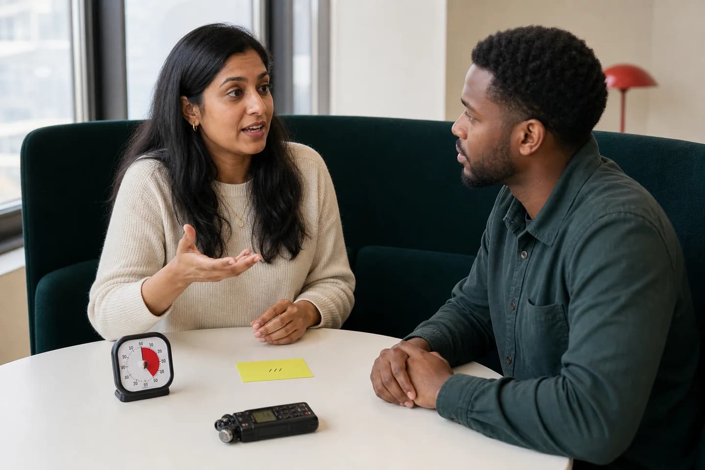 A learner tells a story to a listening partner with a timer, recorder and brief prompt card on the table