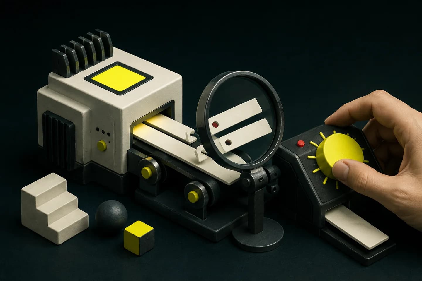 A magnifying lens reviews test ideas emerging from a small geometric processor