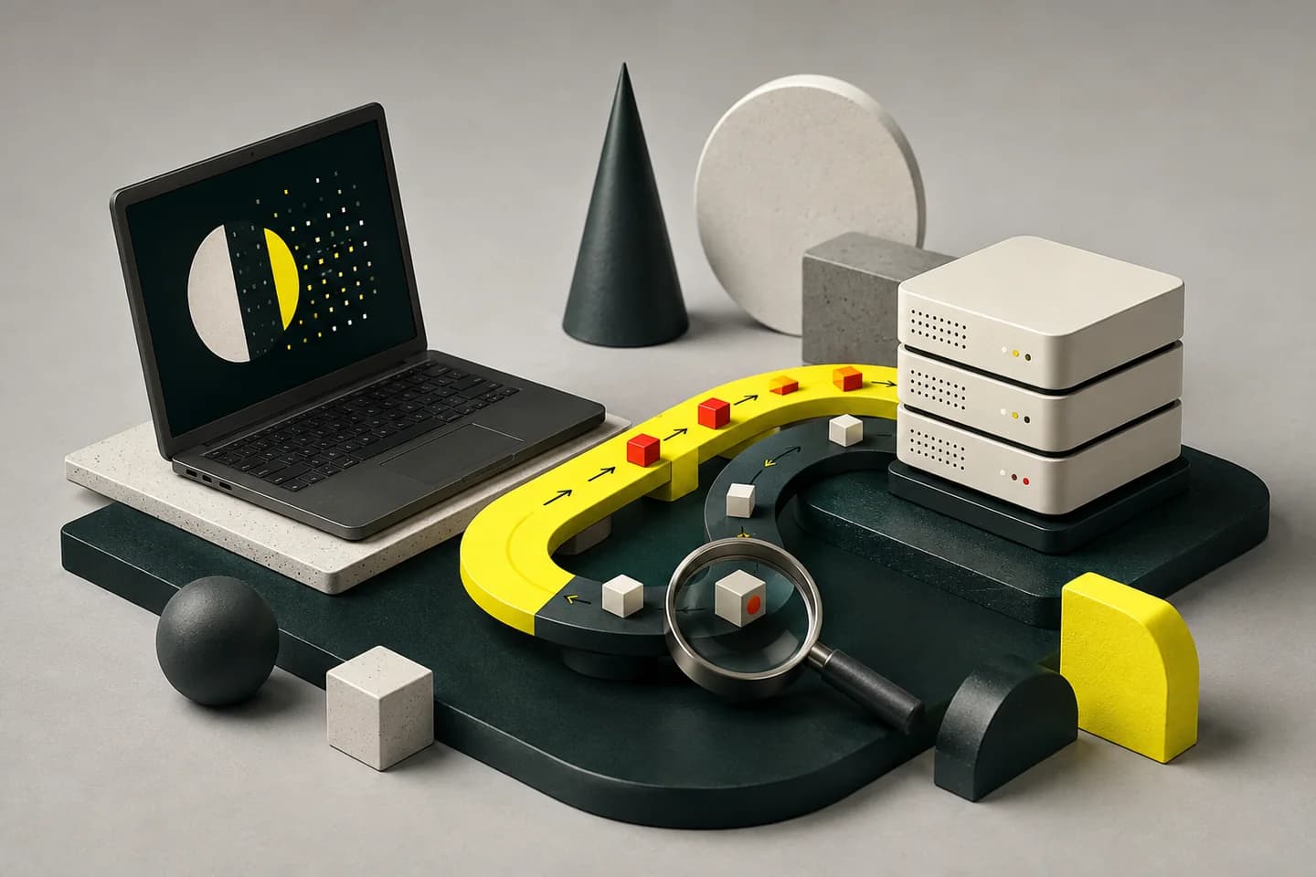 A request travels between a laptop and a server through connected yellow and charcoal channels