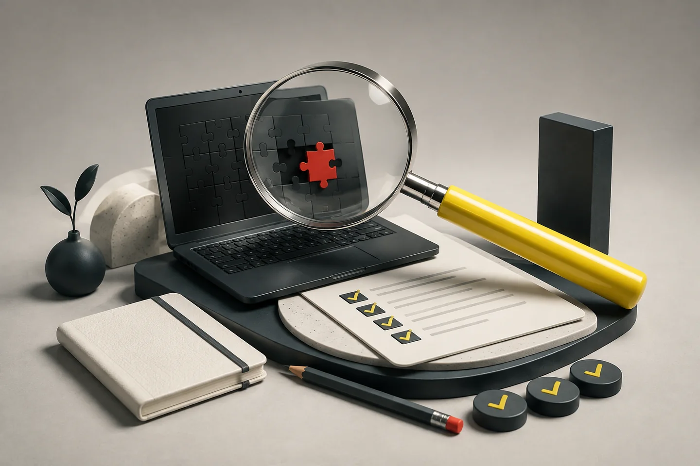 A magnifying glass reveals a misplaced red puzzle piece on a laptop beside a testing checklist