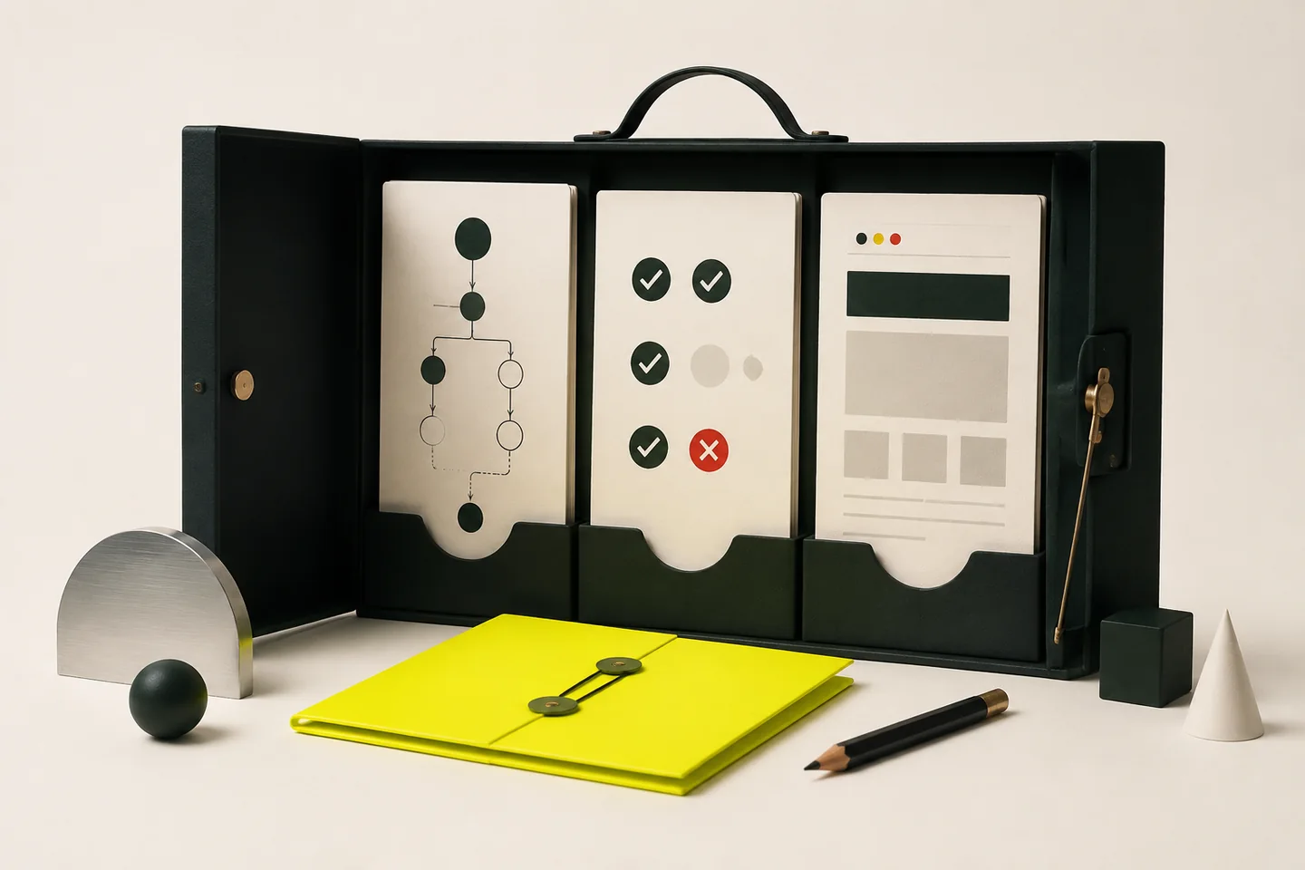 An open portfolio displays a test flow, checked results and a small application design