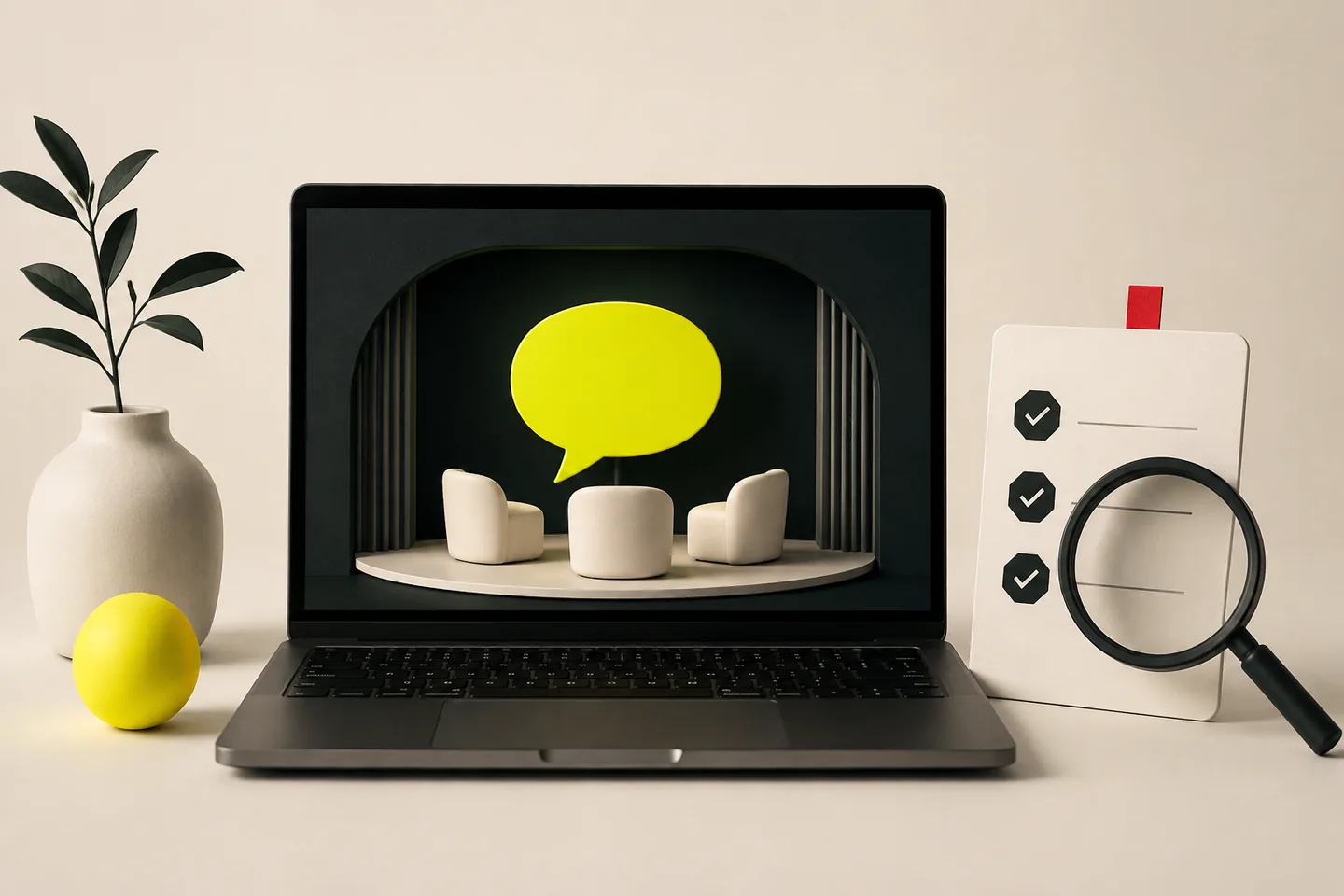 A laptop frames a miniature speaking studio beside a magnifying glass and a simple course-selection checklist