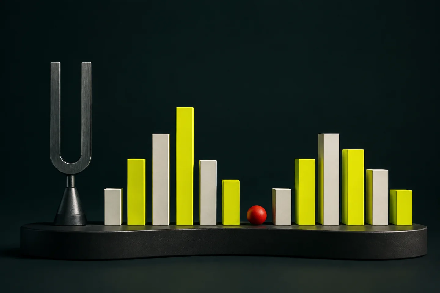A tuning fork and ivory and citron rhythm bars form two groups separated by a small red pause marker