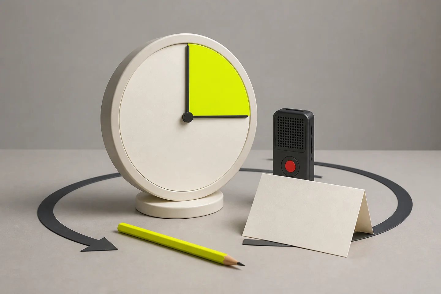 A quarter-hour timer, voice recorder and blank practice card sit inside a loop representing regular speaking practice