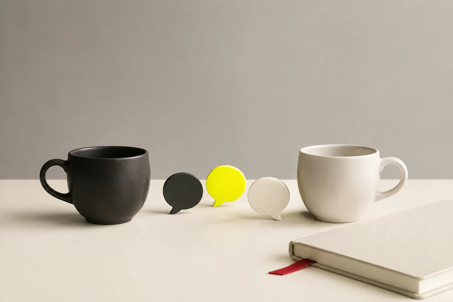 Two ceramic cups face one another across small alternating speech-bubble tiles beside a closed book