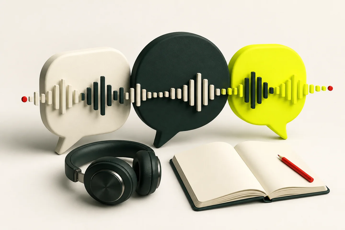 Sculptural speech bubbles and sound waves rise above a notebook and headphones