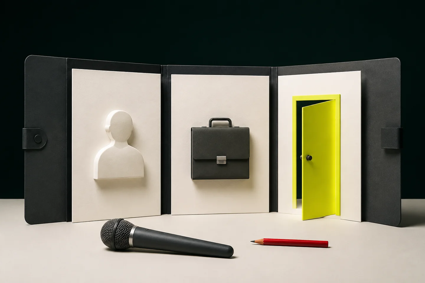 An open portfolio shows a person silhouette, a briefcase and a citron doorway beside a microphone