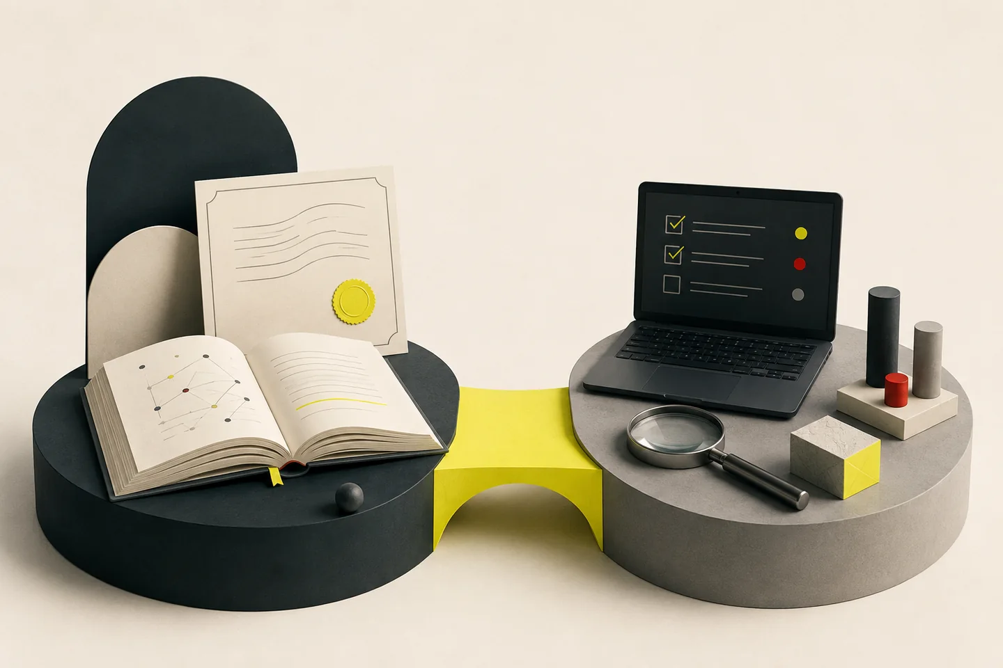 An open study book and a hands-on testing workbench are balanced on two connected platforms