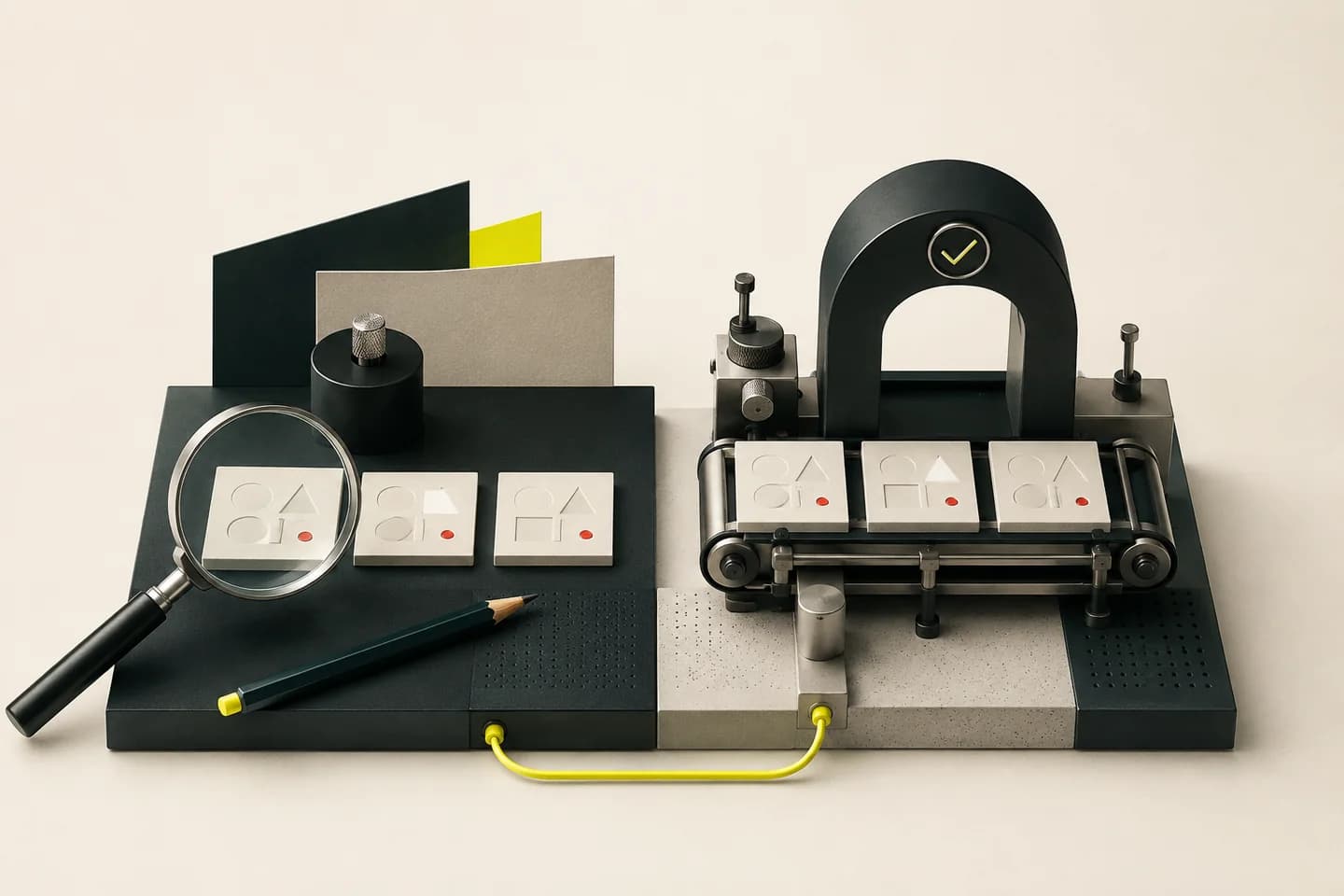 A magnifying glass and a repeatable testing mechanism share one connected workbench
