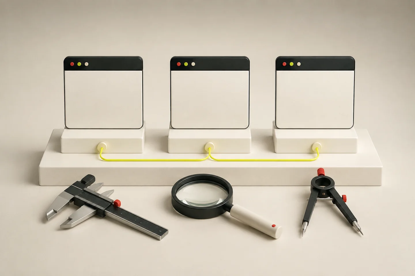 Three distinct precision tools and browser frames sit side by side on an equal testing bench