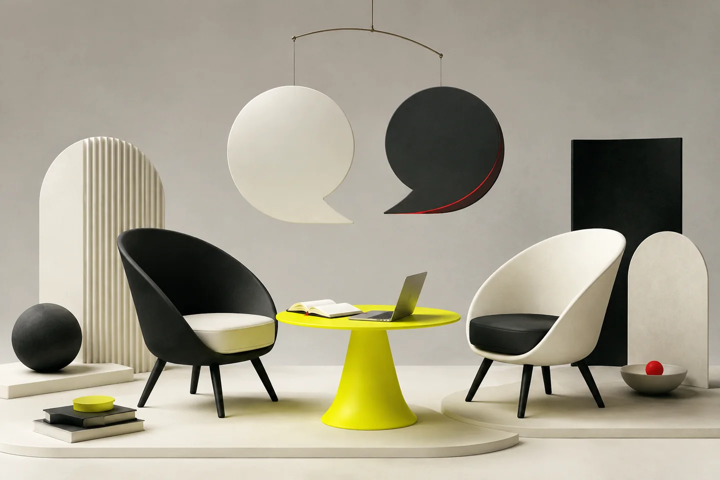 Two chairs face one another across a yellow table beneath sculptural speech bubbles