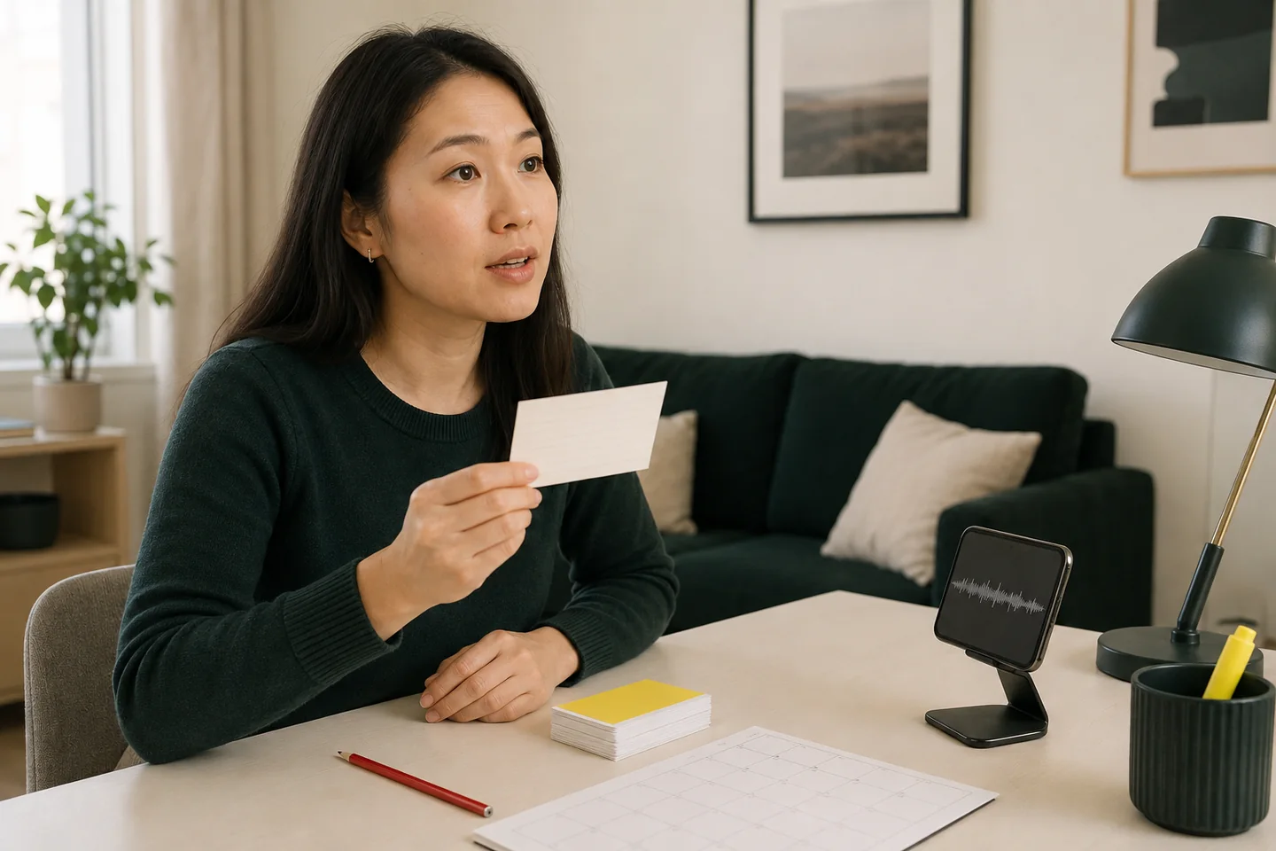 A learner recalls an answer aloud from a cue card beside a small stack of review cards and a recording phone
