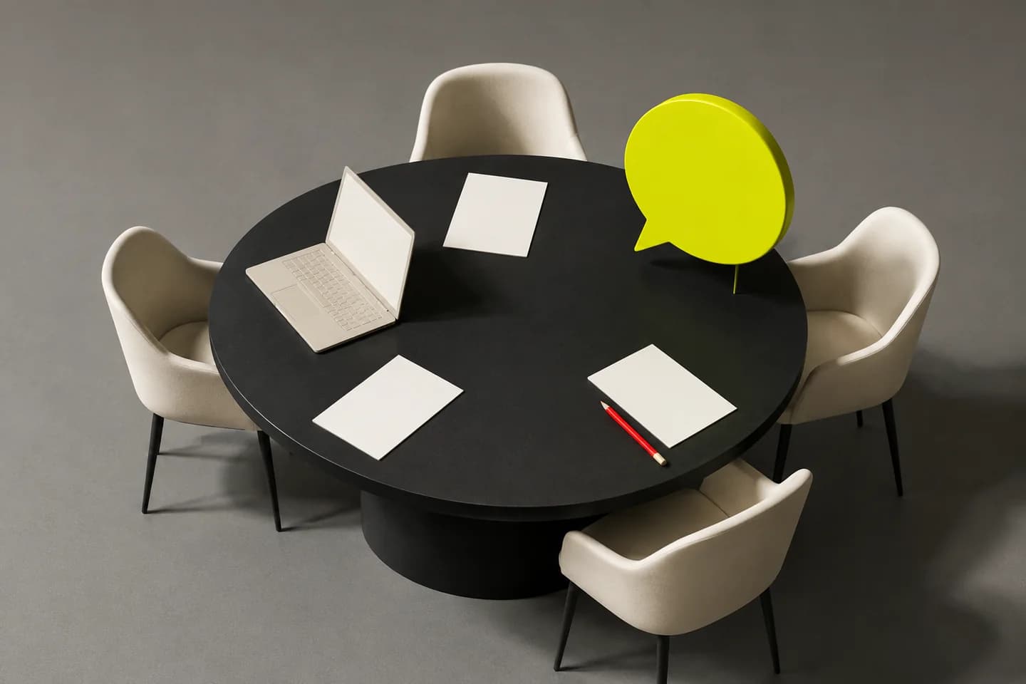 Ivory chairs surround a charcoal meeting table with blank agenda cards and a citron speech-bubble marker