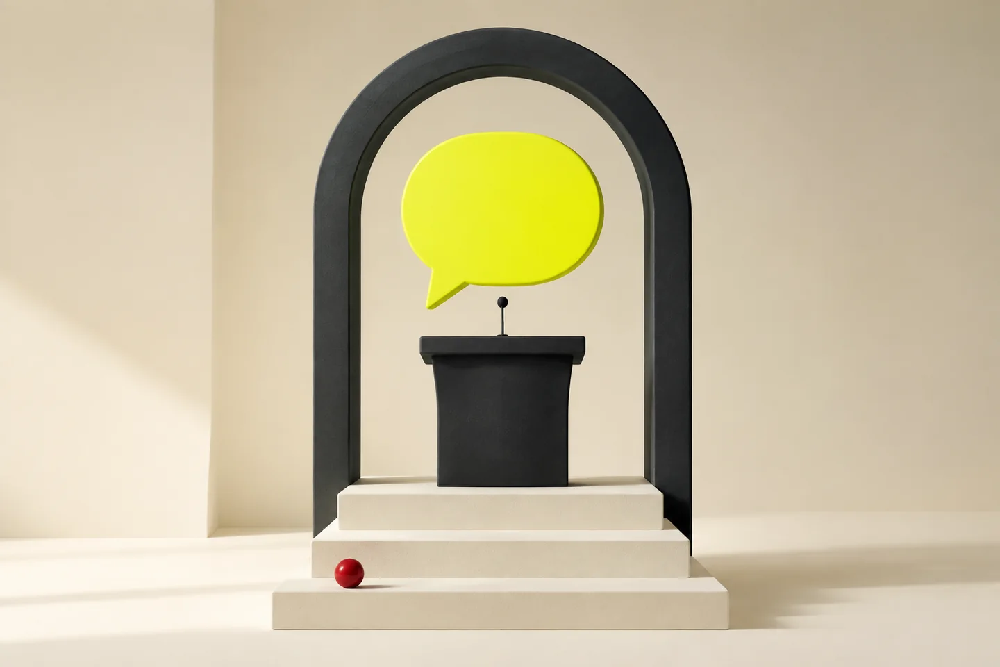 Three ivory steps lead to a speaking podium beneath an open arch and a bright citron speech bubble