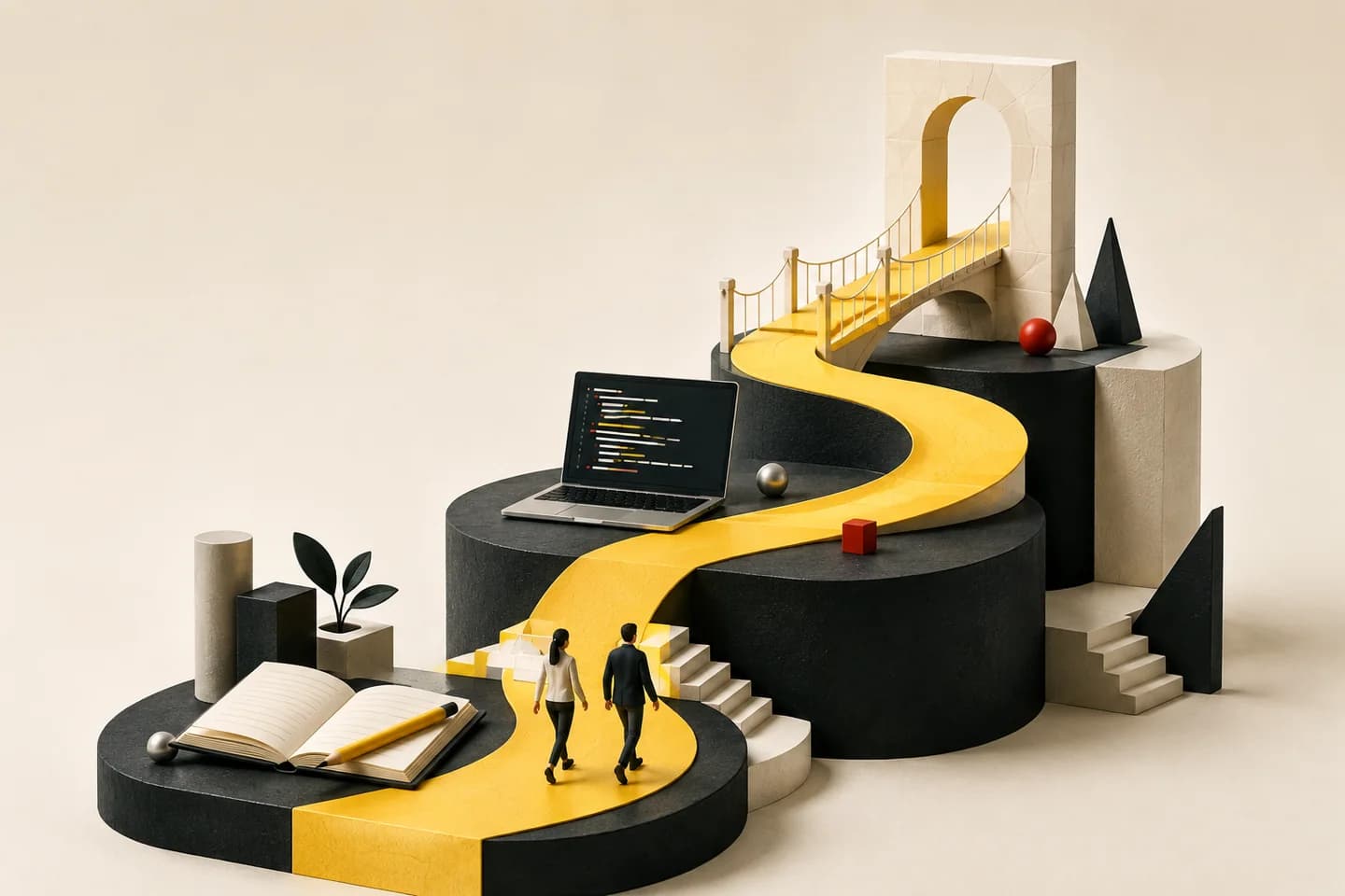 A yellow path connects a notebook, a laptop and a bridge, with two learners taking the first steps