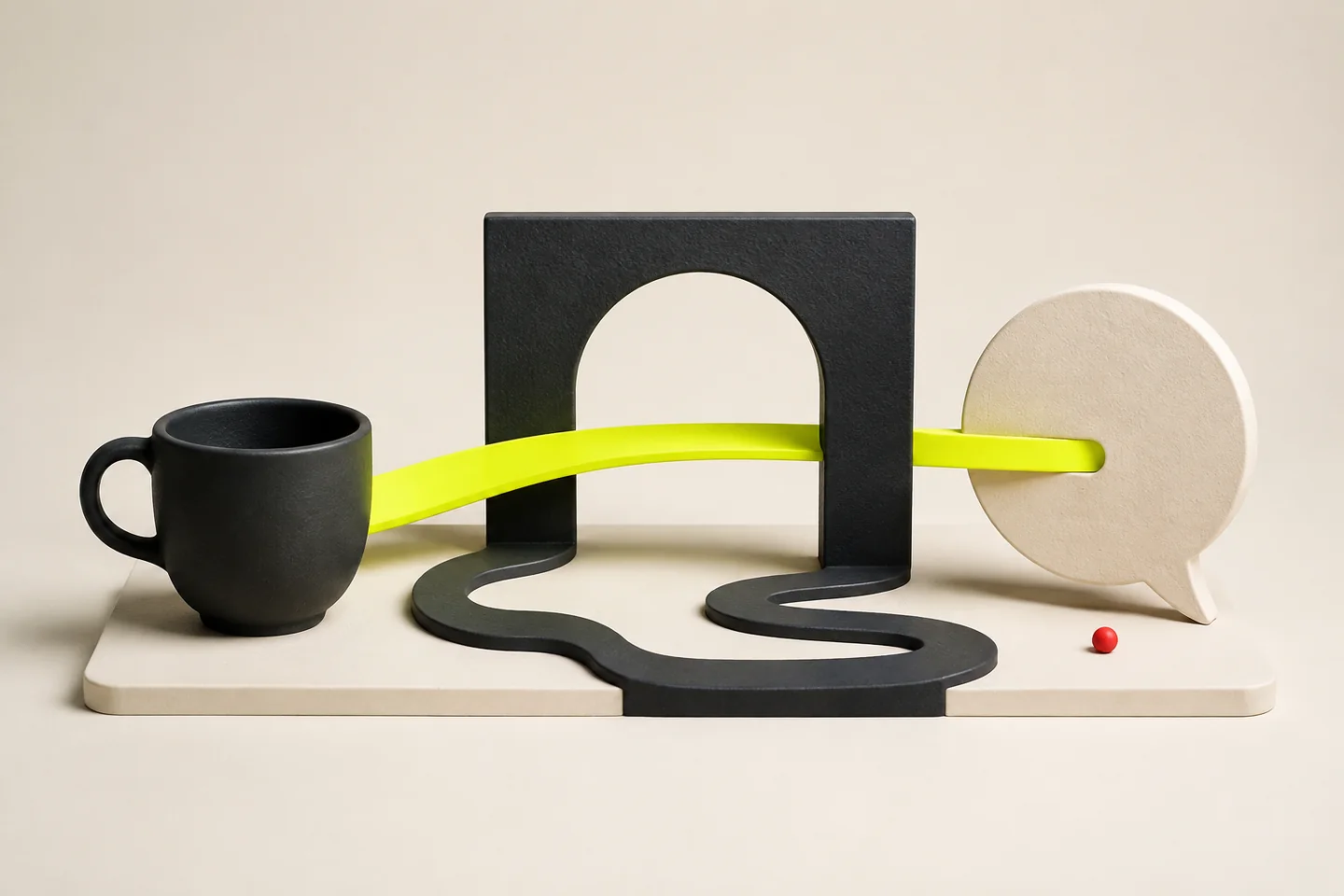 A direct citron path connects a cup to a speech bubble above a longer winding charcoal route