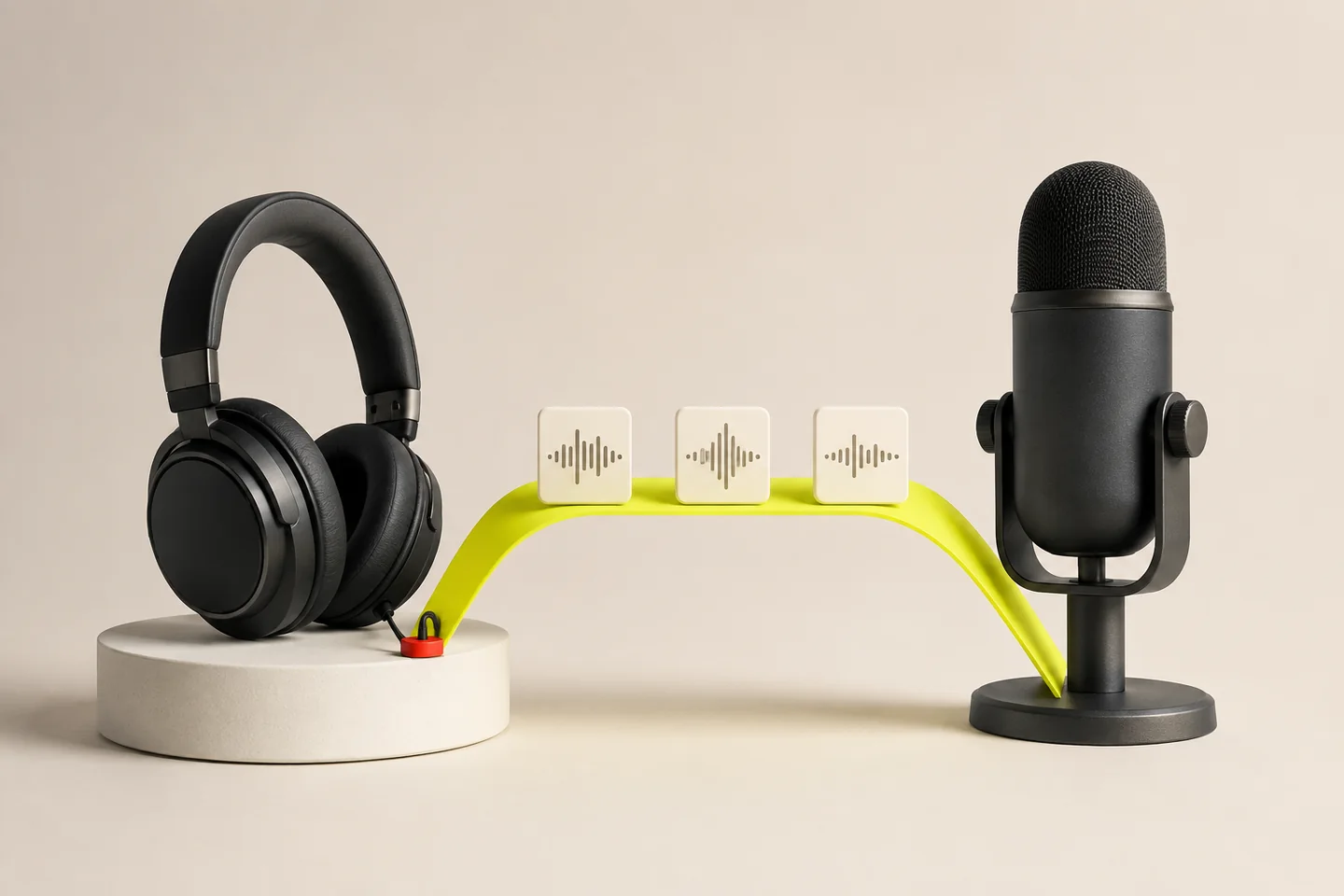 A citron bridge connects headphones to a microphone, carrying small sound-wave tiles from listening to speaking