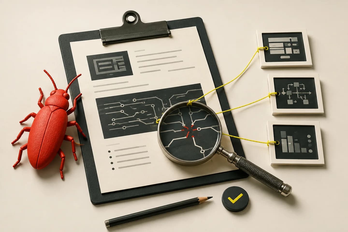 A red defect marker is connected to an organised report and a magnified piece of evidence