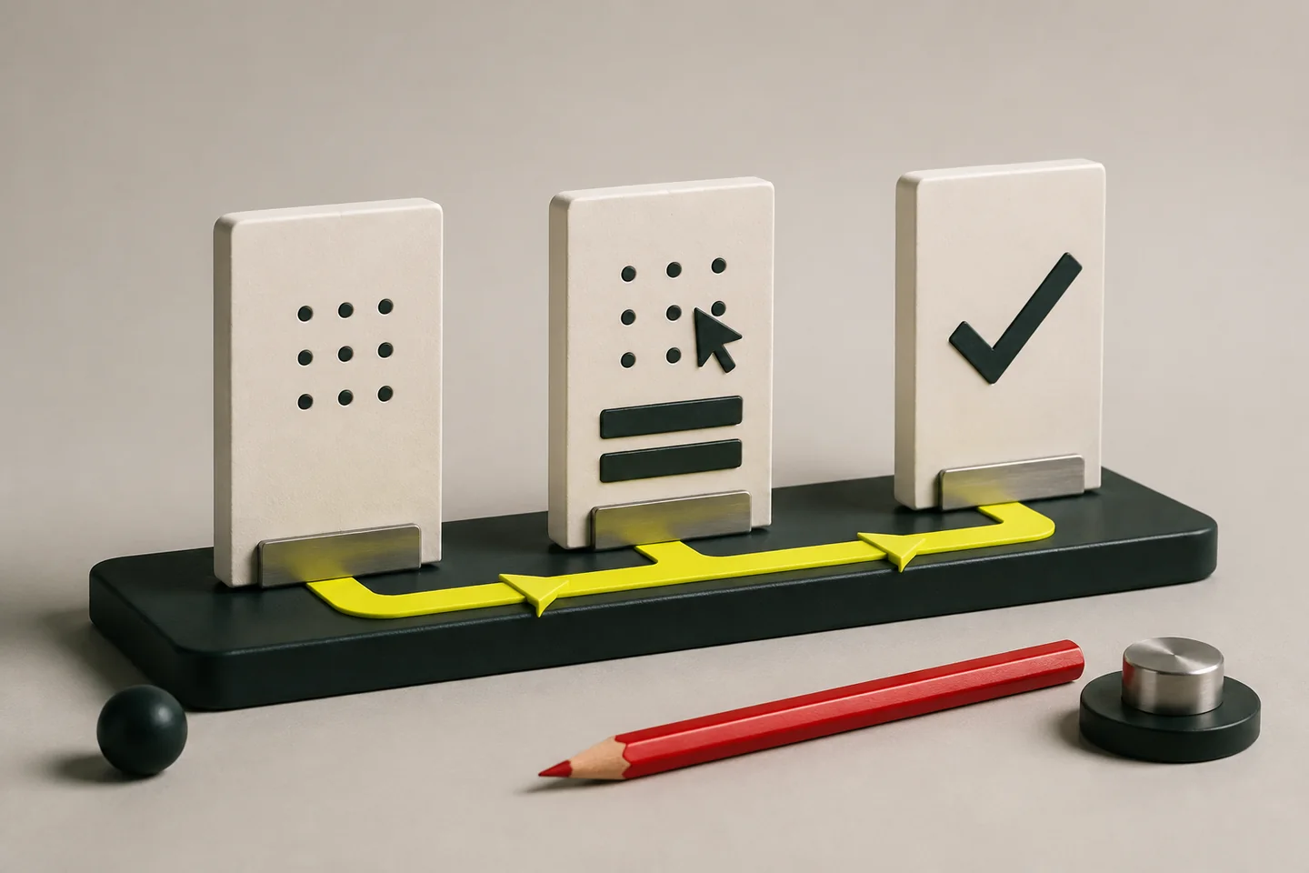 Three physical test panels connect input data, an action and a checked result along a yellow path